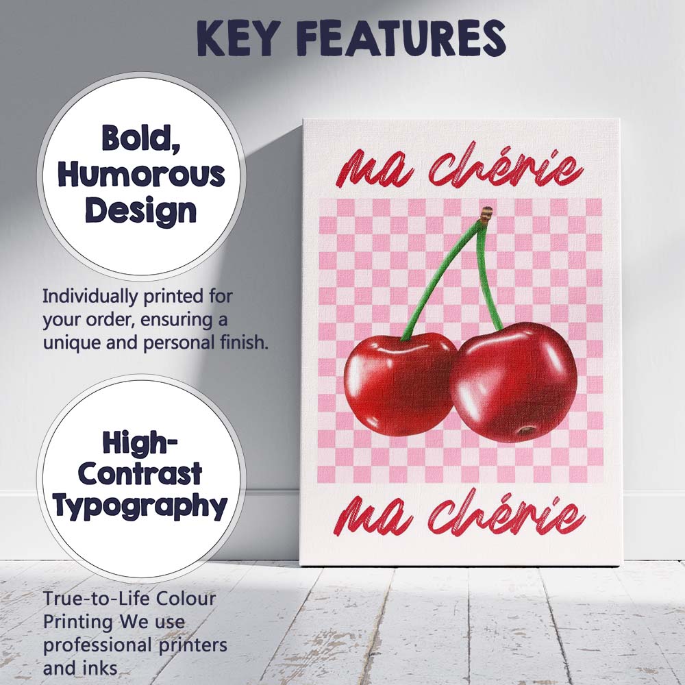 Pink Gingham Cherry Fruit Retro Kitchen Typography Canvas Wall Art Print Decor Picture Ready to Hang
