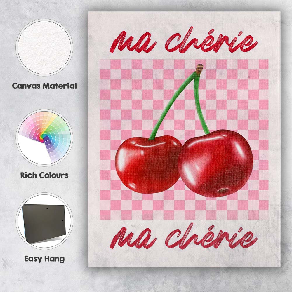 Pink Gingham Cherry Fruit Retro Kitchen Typography Canvas Wall Art Print Decor Picture Ready to Hang