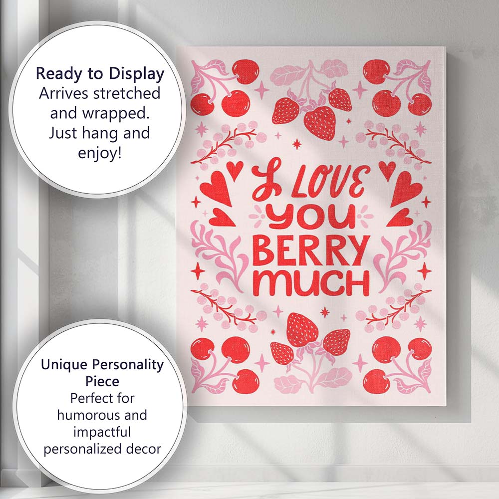 Cute Berry Love Romantic Strawberry Cherry Typography Canvas Wall Art Print Decor Picture Ready to Hang