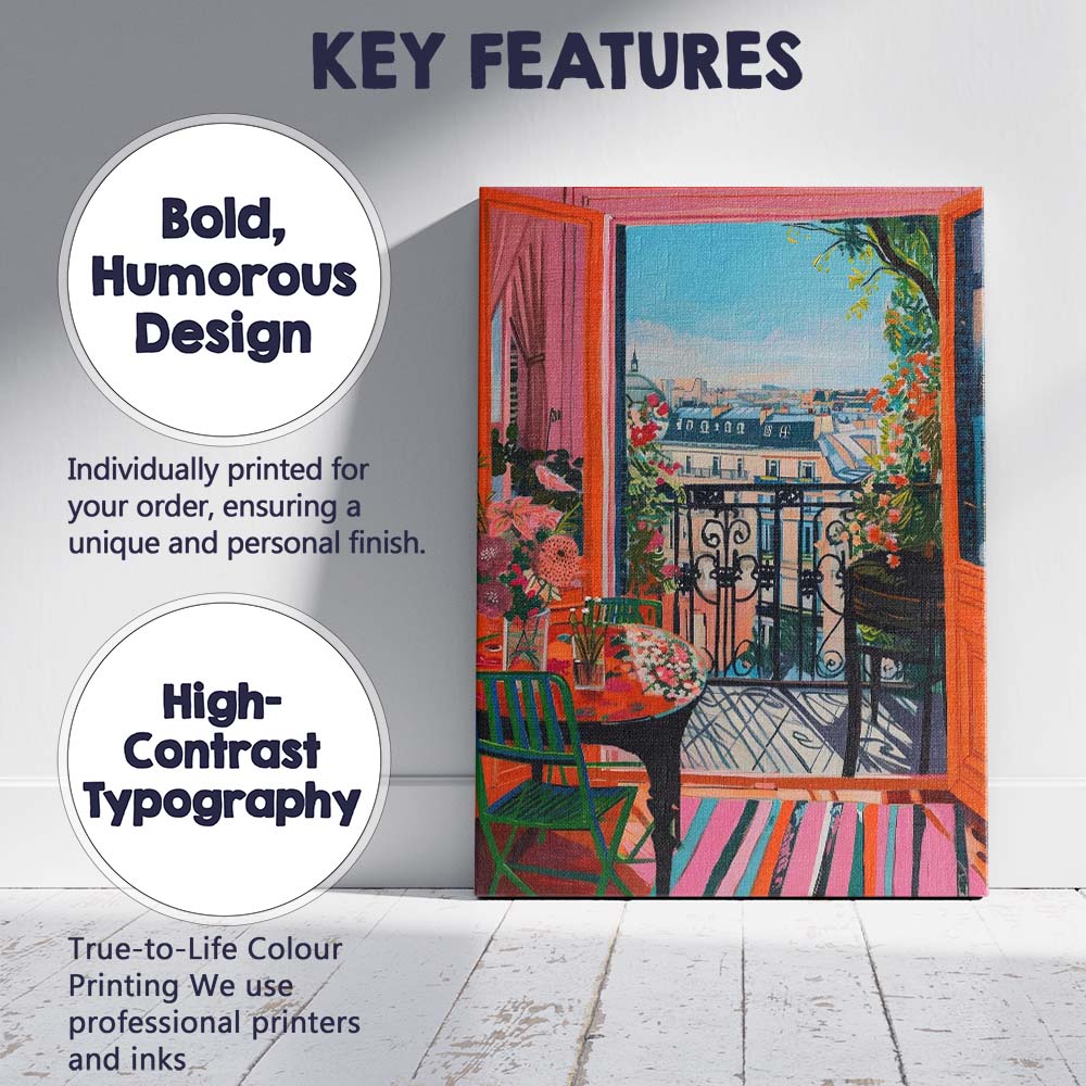 Paris Balcony Floral Apartment City View Contemporary Painting Canvas Wall Art Print Decor Picture Ready to Hang
