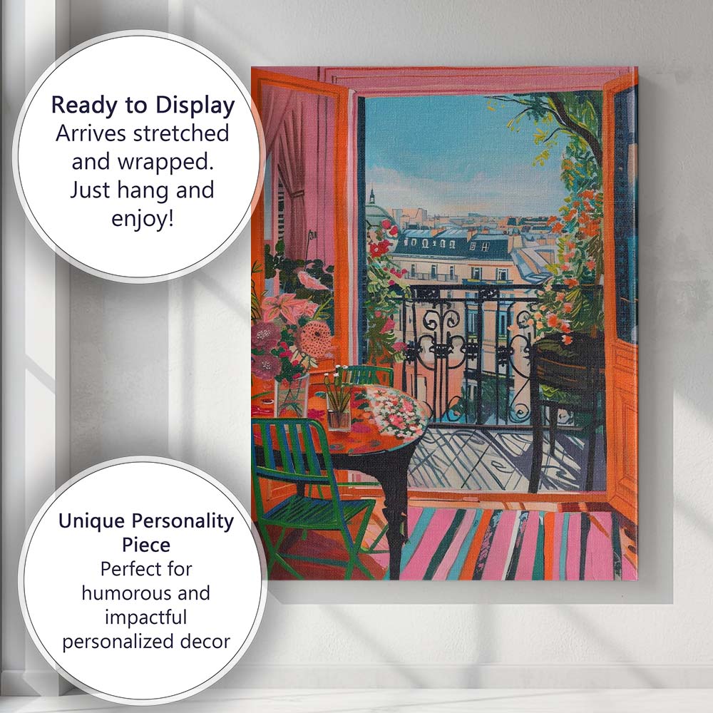 Paris Balcony Floral Apartment City View Contemporary Painting Canvas Wall Art Print Decor Picture Ready to Hang