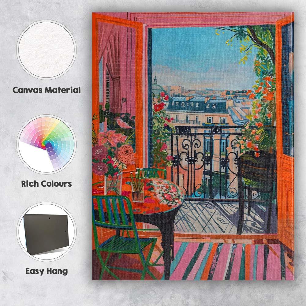 Paris Balcony Floral Apartment City View Contemporary Painting Canvas Wall Art Print Decor Picture Ready to Hang