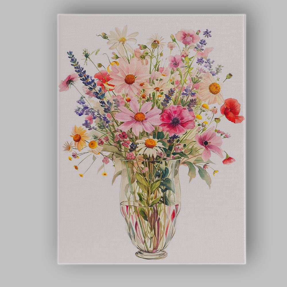 Pastel Wildflower Bouquet Glass Vase Botanical Watercolour Canvas Wall Art Print Decor Picture Ready to Hang