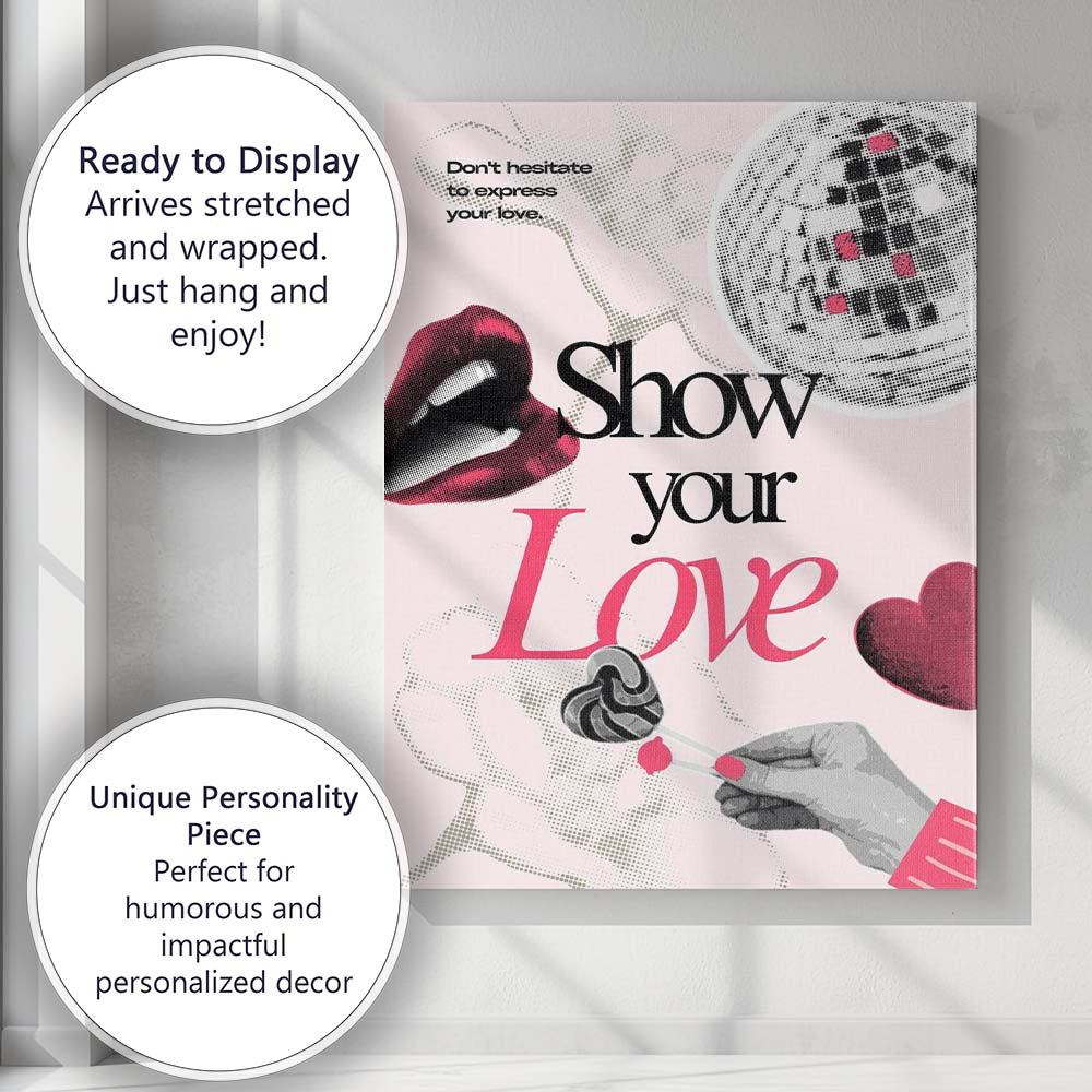 Show Your Love Romantic Pink Collage Typography Lips Heart Retro Canvas Wall Art Print Decor Picture Ready to Hang
