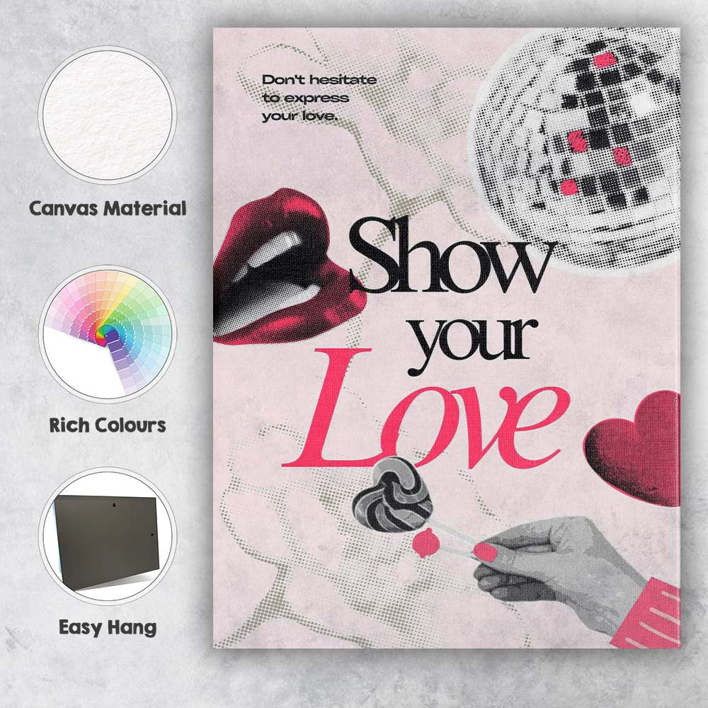 Show Your Love Romantic Pink Collage Typography Lips Heart Retro Canvas Wall Art Print Decor Picture Ready to Hang