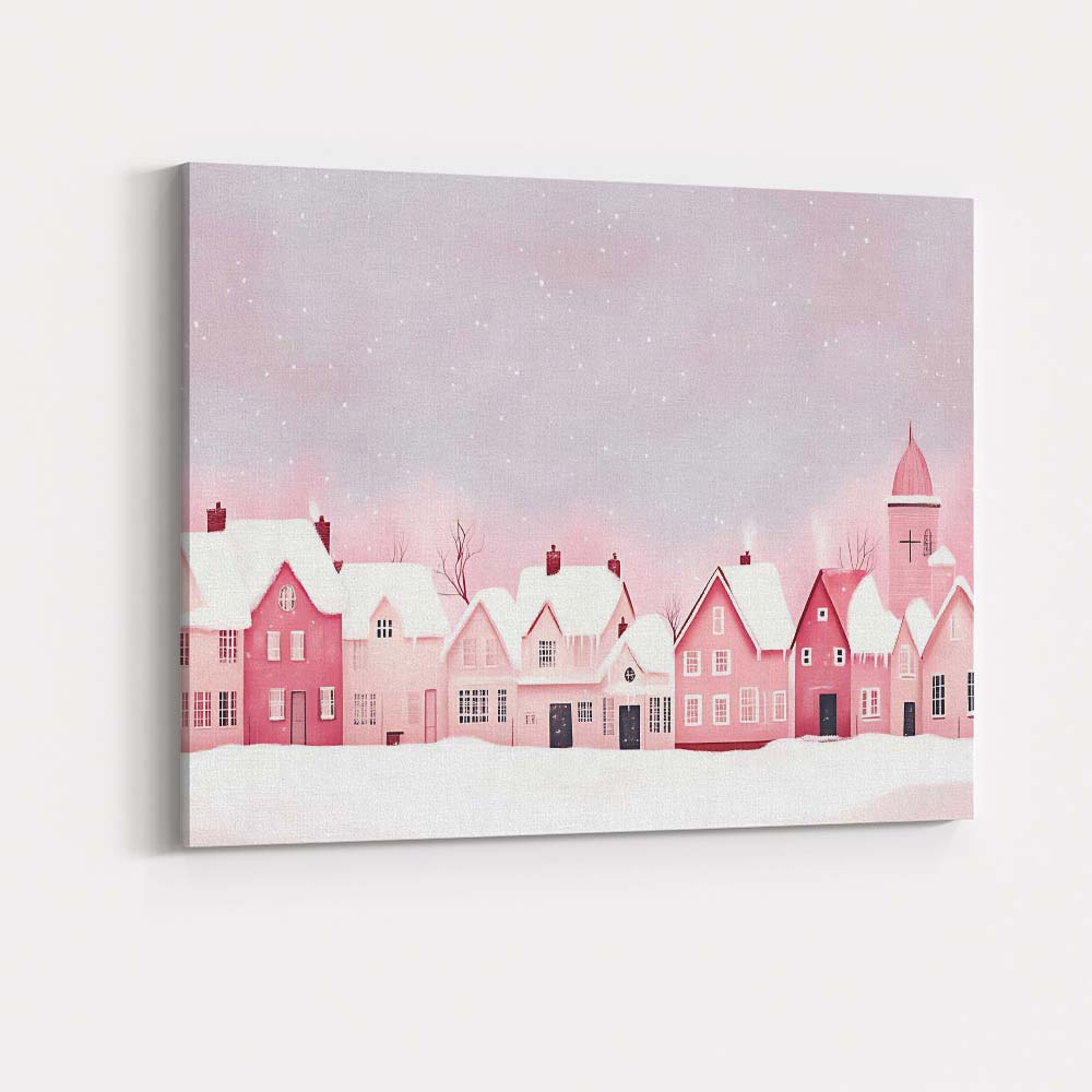 Pastel Pink Snow Covered Christmas Village Winter Watercolour Landscape Canvas Wall Art Print Decor Picture Ready to Hang