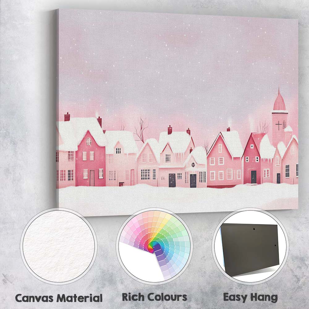 Pastel Pink Snow Covered Christmas Village Winter Watercolour Landscape Canvas Wall Art Print Decor Picture Ready to Hang