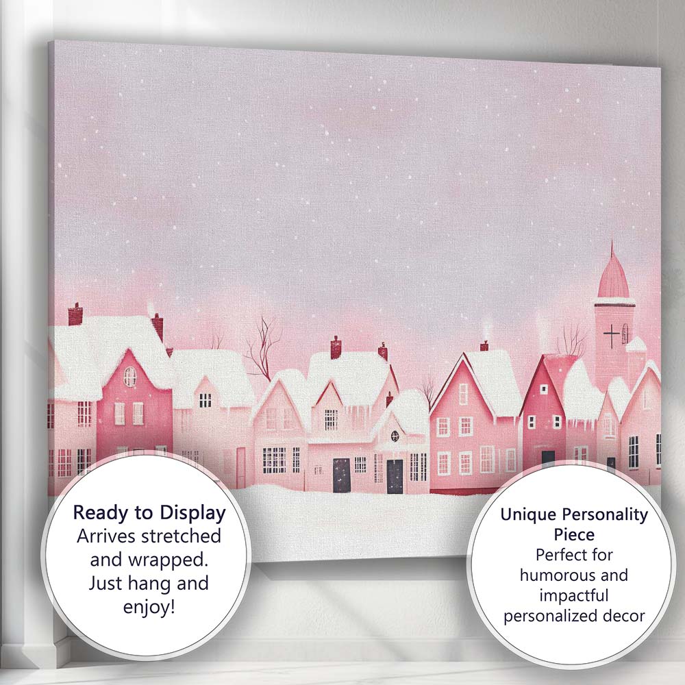 Pastel Pink Snow Covered Christmas Village Winter Watercolour Landscape Canvas Wall Art Print Decor Picture Ready to Hang