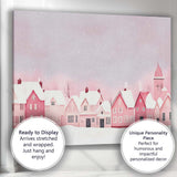 Pastel Pink Snow Covered Christmas Village Winter Watercolour Landscape Canvas Wall Art Print Decor Picture Ready to Hang