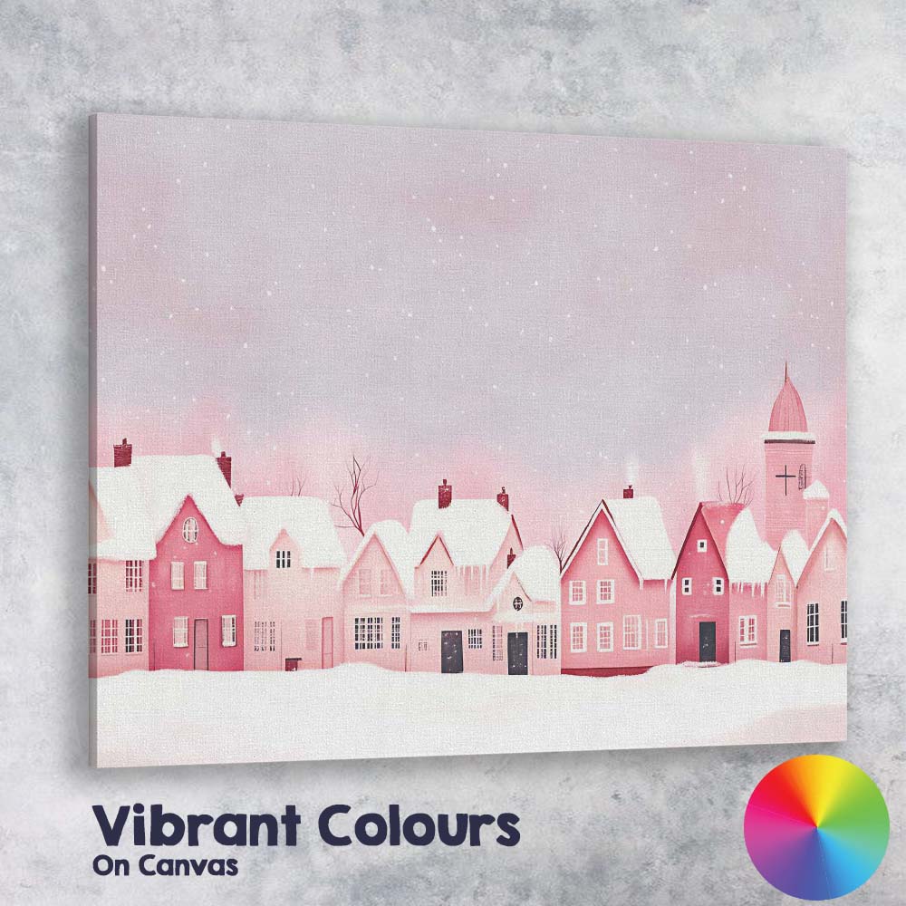 Pastel Pink Snow Covered Christmas Village Winter Watercolour Landscape Canvas Wall Art Print Decor Picture Ready to Hang