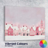 Pastel Pink Snow Covered Christmas Village Winter Watercolour Landscape Canvas Wall Art Print Decor Picture Ready to Hang