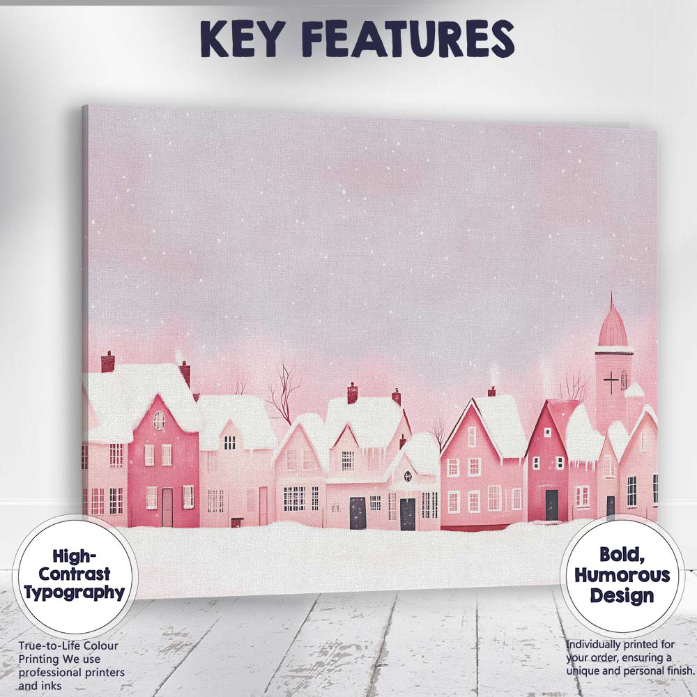 Pastel Pink Snow Covered Christmas Village Winter Watercolour Landscape Canvas Wall Art Print Decor Picture Ready to Hang