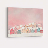 Pastel Pink Colourful Snowy Christmas Village Winter Watercolour Scene Canvas Wall Art Print Decor Picture Ready to Hang