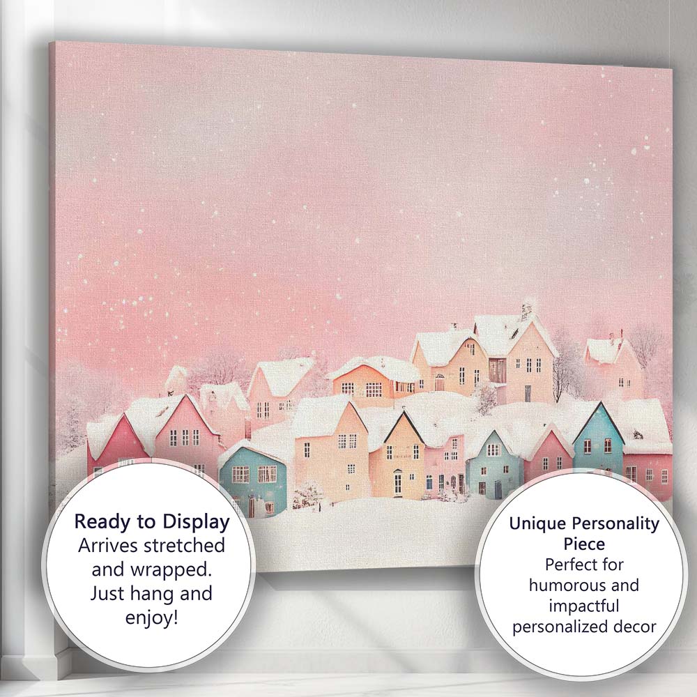 Pastel Pink Colourful Snowy Christmas Village Winter Watercolour Scene Canvas Wall Art Print Decor Picture Ready to Hang