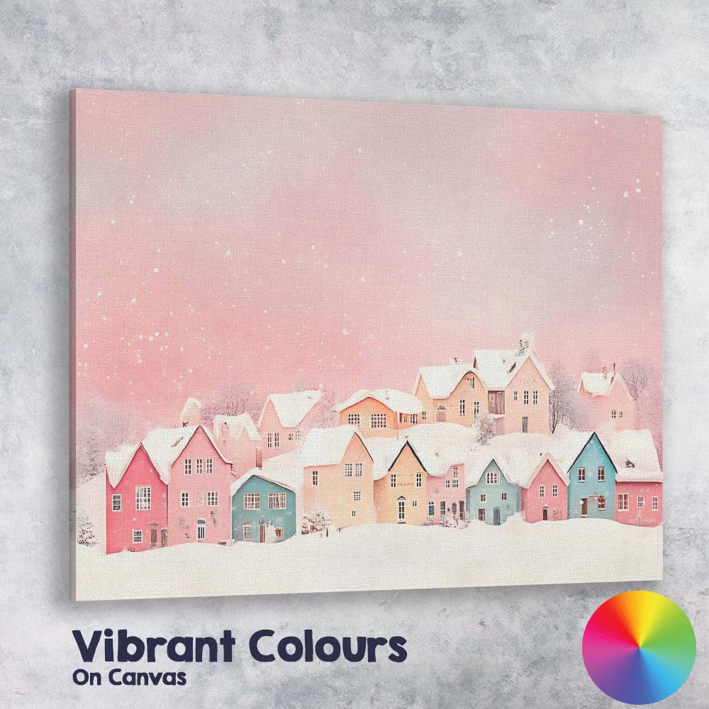 Pastel Pink Colourful Snowy Christmas Village Winter Watercolour Scene Canvas Wall Art Print Decor Picture Ready to Hang