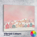 Pastel Pink Colourful Snowy Christmas Village Winter Watercolour Scene Canvas Wall Art Print Decor Picture Ready to Hang