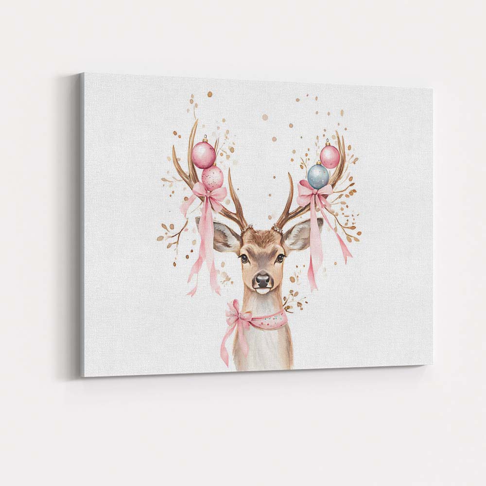 Watercolour Christmas Reindeer With Pink Baubles And Ribbon Antlers Canvas Wall Art Print Decor Picture Ready to Hang