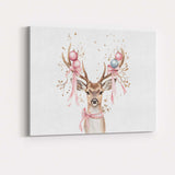 Watercolour Christmas Reindeer With Pink Baubles And Ribbon Antlers Canvas Wall Art Print Decor Picture Ready to Hang