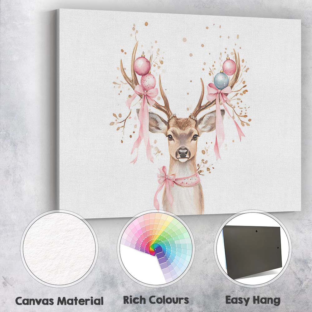 Watercolour Christmas Reindeer With Pink Baubles And Ribbon Antlers Canvas Wall Art Print Decor Picture Ready to Hang