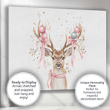 Watercolour Christmas Reindeer With Pink Baubles And Ribbon Antlers Canvas Wall Art Print Decor Picture Ready to Hang