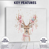 Watercolour Christmas Reindeer With Pink Baubles And Ribbon Antlers Canvas Wall Art Print Decor Picture Ready to Hang