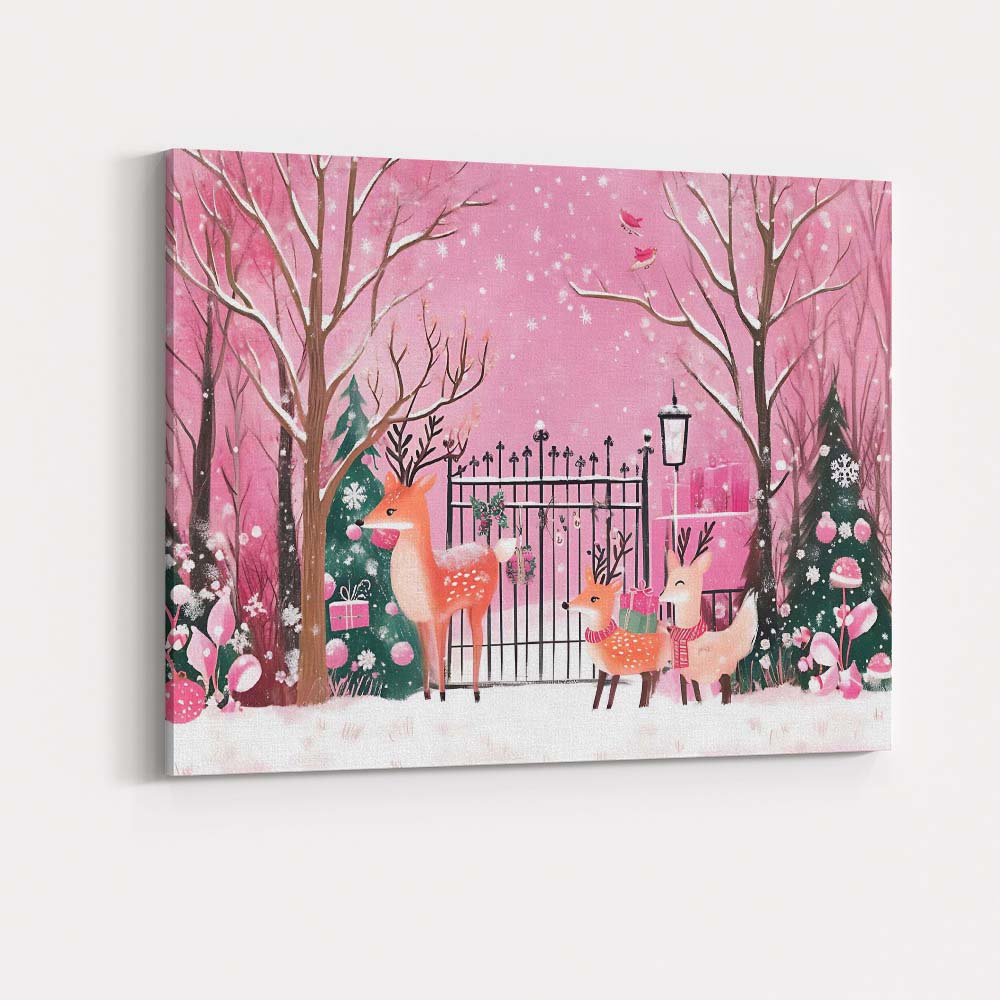 Whimsical Pink Winter Woodland Reindeer Christmas Garden Watercolour Scene Canvas Wall Art Print Decor Picture Ready to Hang