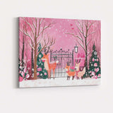 Whimsical Pink Winter Woodland Reindeer Christmas Garden Watercolour Scene Canvas Wall Art Print Decor Picture Ready to Hang