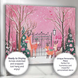 Whimsical Pink Winter Woodland Reindeer Christmas Garden Watercolour Scene Canvas Wall Art Print Decor Picture Ready to Hang