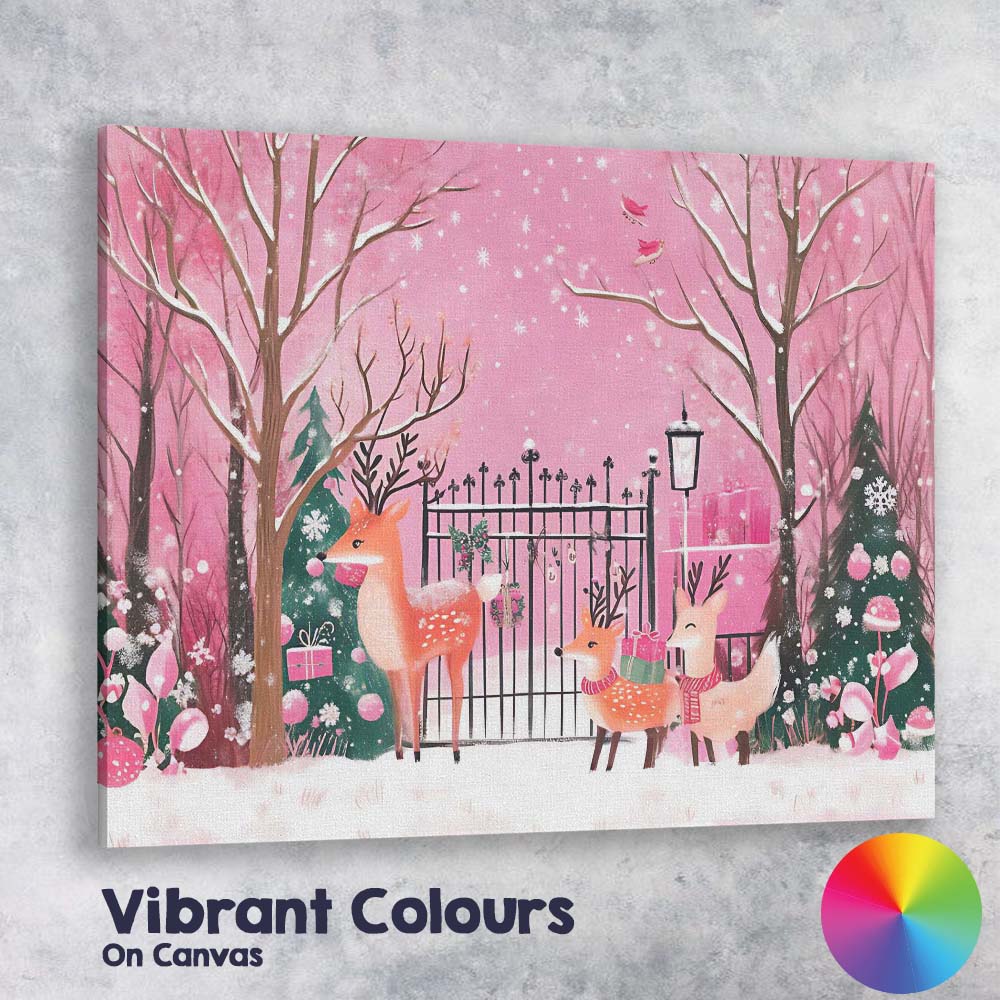 Whimsical Pink Winter Woodland Reindeer Christmas Garden Watercolour Scene Canvas Wall Art Print Decor Picture Ready to Hang