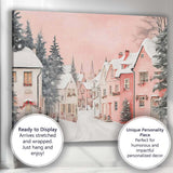 Pink And White Snowy Christmas Village Scenic Winter Street Canvas Wall Art Print Decor Picture Ready to Hang