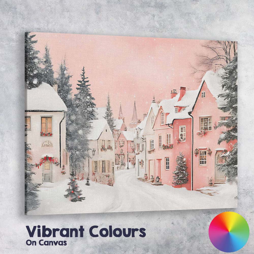 Pink And White Snowy Christmas Village Scenic Winter Street Canvas Wall Art Print Decor Picture Ready to Hang