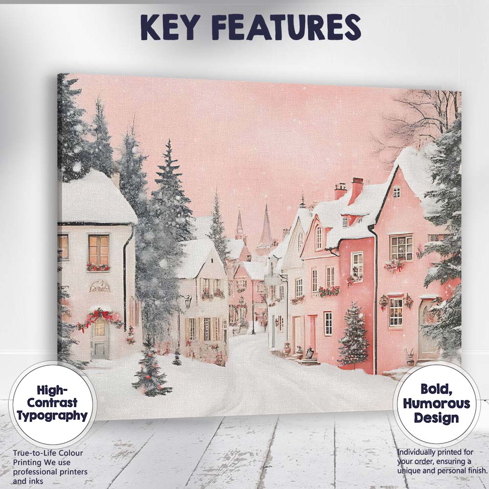 Pink And White Snowy Christmas Village Scenic Winter Street Canvas Wall Art Print Decor Picture Ready to Hang