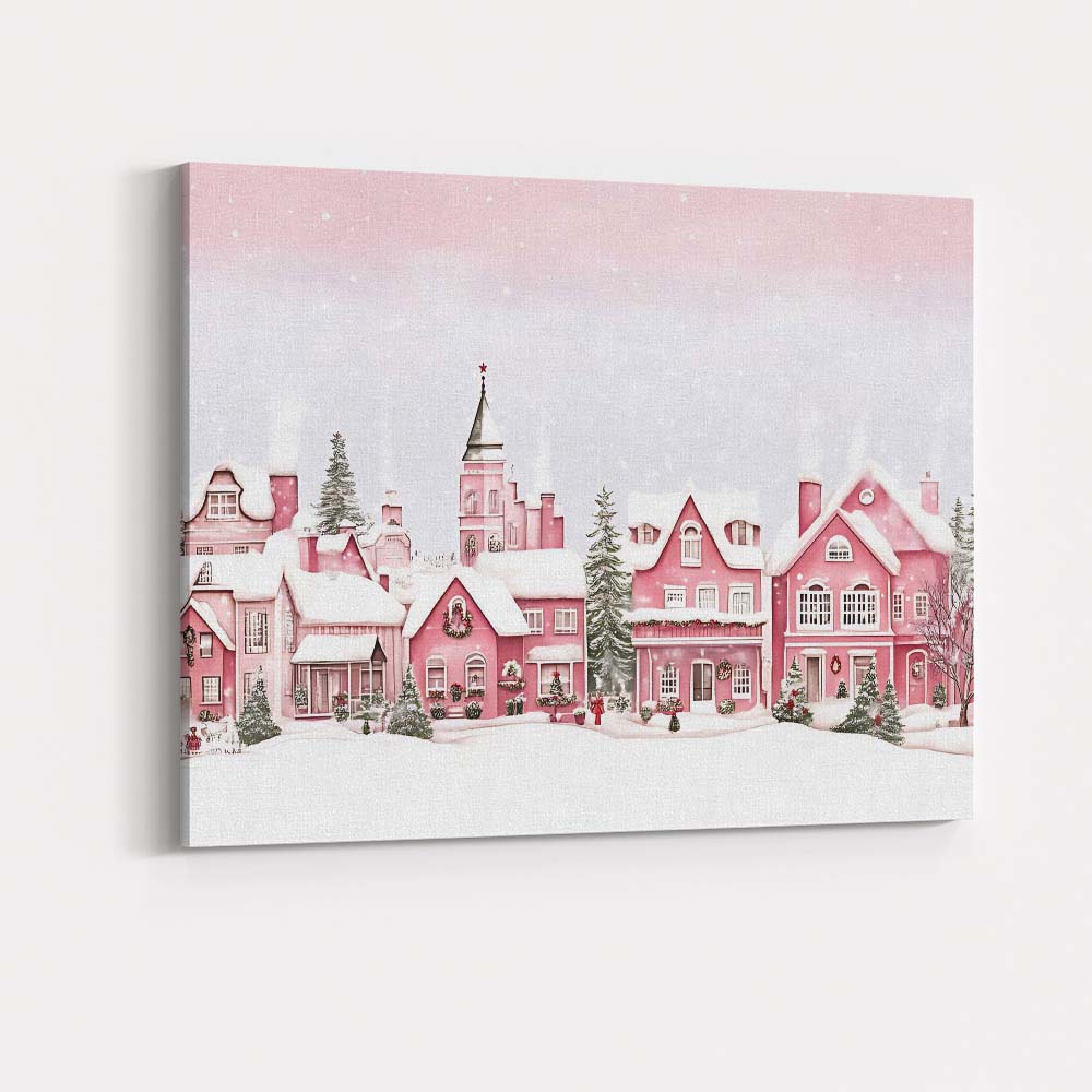 Charming Pink Christmas Town Snow Covered Houses Winter Panorama Canvas Wall Art Print Decor Picture Ready to Hang