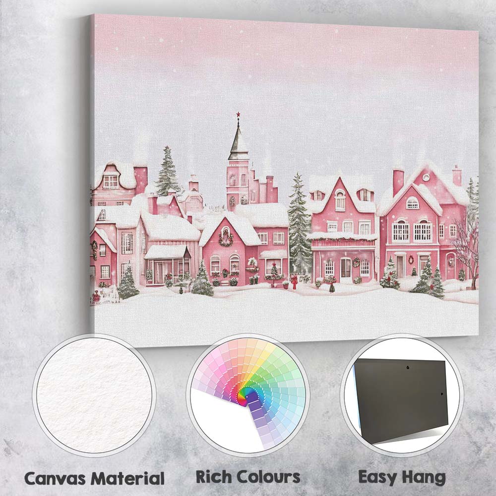 Charming Pink Christmas Town Snow Covered Houses Winter Panorama Canvas Wall Art Print Decor Picture Ready to Hang