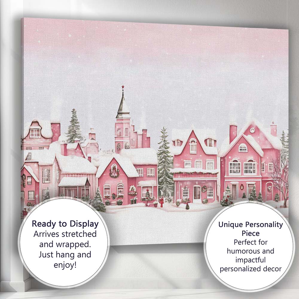 Charming Pink Christmas Town Snow Covered Houses Winter Panorama Canvas Wall Art Print Decor Picture Ready to Hang
