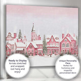 Charming Pink Christmas Town Snow Covered Houses Winter Panorama Canvas Wall Art Print Decor Picture Ready to Hang