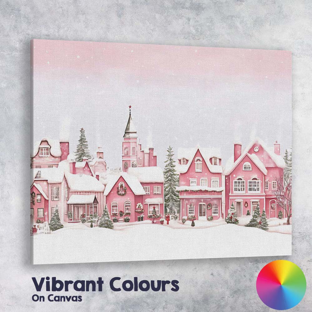 Charming Pink Christmas Town Snow Covered Houses Winter Panorama Canvas Wall Art Print Decor Picture Ready to Hang