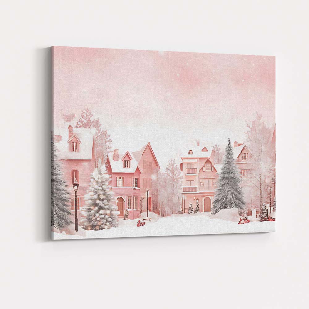 Soft Pastel Pink Winter Village Snowy Christmas Landscape Canvas Wall Art Print Decor Picture Ready to Hang