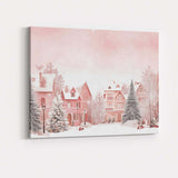 Soft Pastel Pink Winter Village Snowy Christmas Landscape Canvas Wall Art Print Decor Picture Ready to Hang