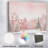 Soft Pastel Pink Winter Village Snowy Christmas Landscape Canvas Wall Art Print Decor Picture Ready to Hang