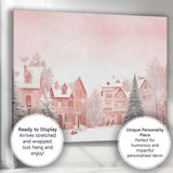 Soft Pastel Pink Winter Village Snowy Christmas Landscape Canvas Wall Art Print Decor Picture Ready to Hang