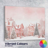 Soft Pastel Pink Winter Village Snowy Christmas Landscape Canvas Wall Art Print Decor Picture Ready to Hang