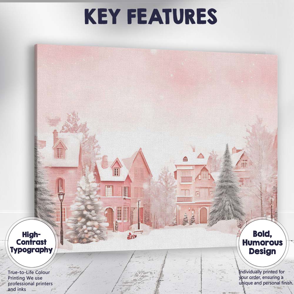 Soft Pastel Pink Winter Village Snowy Christmas Landscape Canvas Wall Art Print Decor Picture Ready to Hang