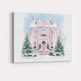 Elegant Pink Christmas House Snowy Watercolour Winter Home Canvas Wall Art Print Decor Picture Ready to Hang