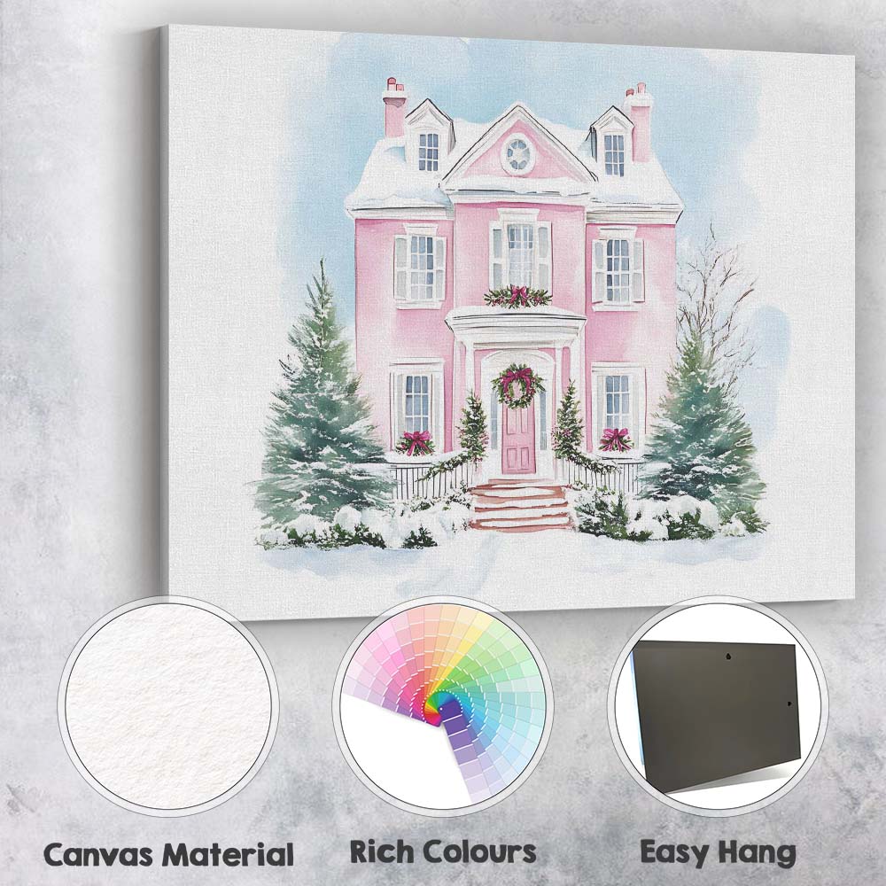 Elegant Pink Christmas House Snowy Watercolour Winter Home Canvas Wall Art Print Decor Picture Ready to Hang