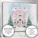 Elegant Pink Christmas House Snowy Watercolour Winter Home Canvas Wall Art Print Decor Picture Ready to Hang
