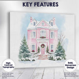 Elegant Pink Christmas House Snowy Watercolour Winter Home Canvas Wall Art Print Decor Picture Ready to Hang