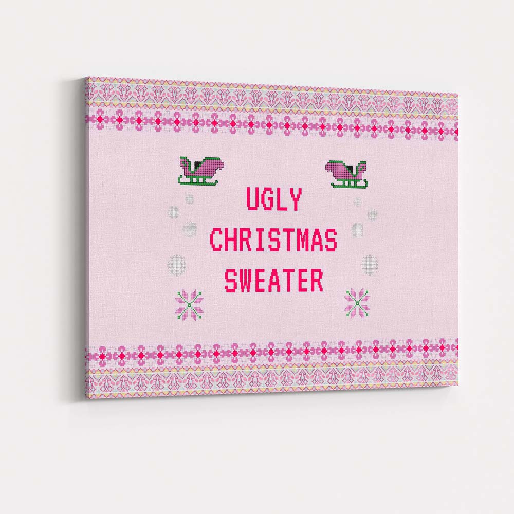 Pink Ugly Christmas Sweater Knitted Typography Festive Design Canvas Wall Art Print Decor Picture Ready to Hang