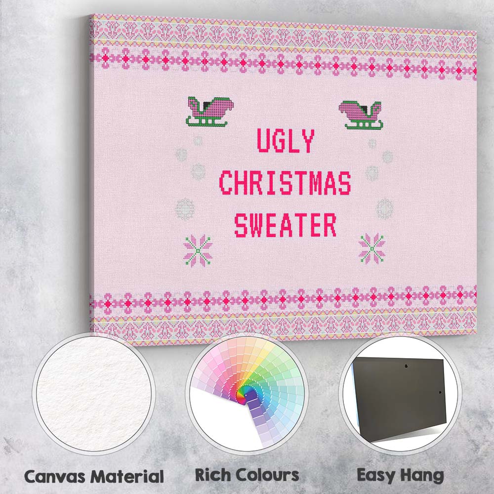 Pink Ugly Christmas Sweater Knitted Typography Festive Design Canvas Wall Art Print Decor Picture Ready to Hang
