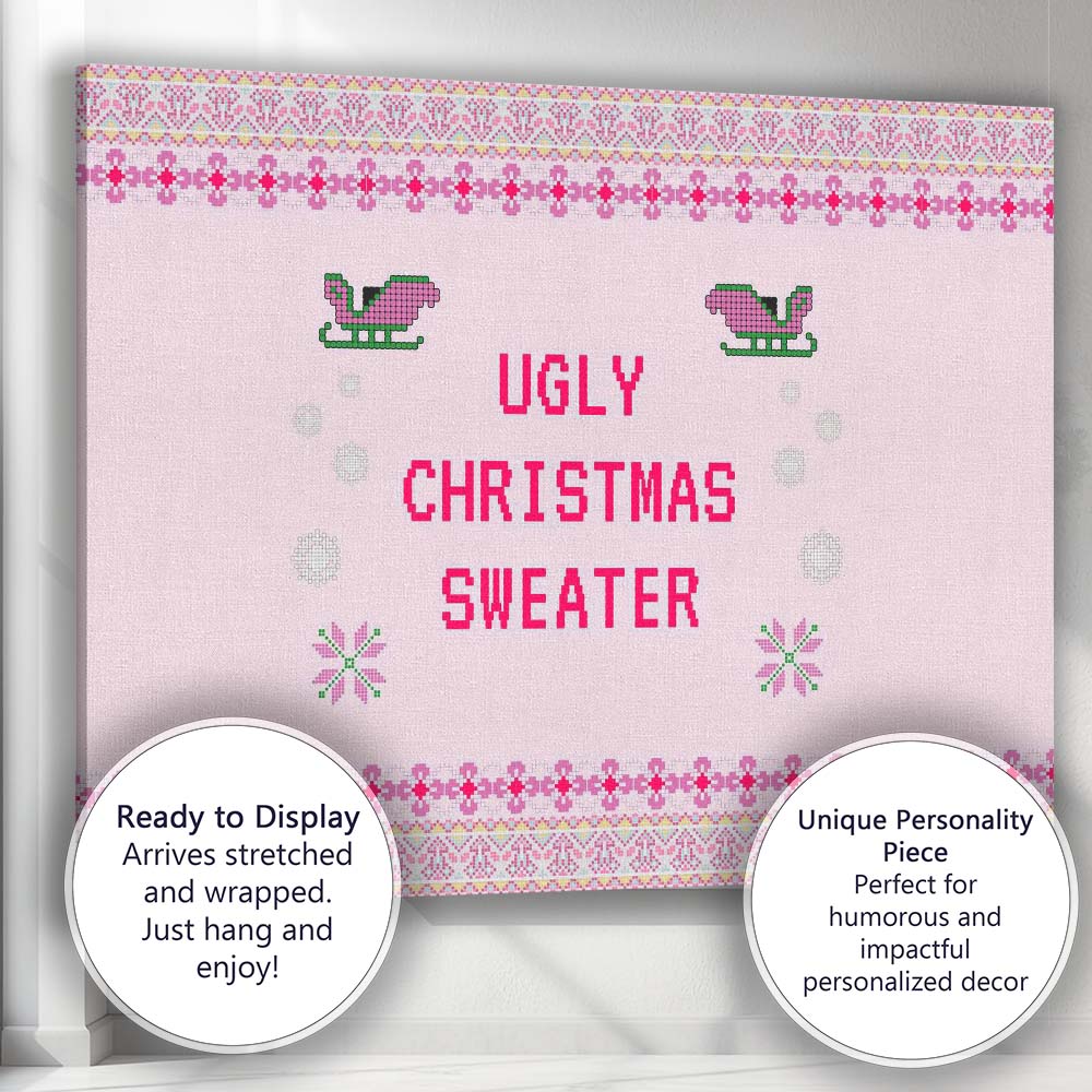 Pink Ugly Christmas Sweater Knitted Typography Festive Design Canvas Wall Art Print Decor Picture Ready to Hang